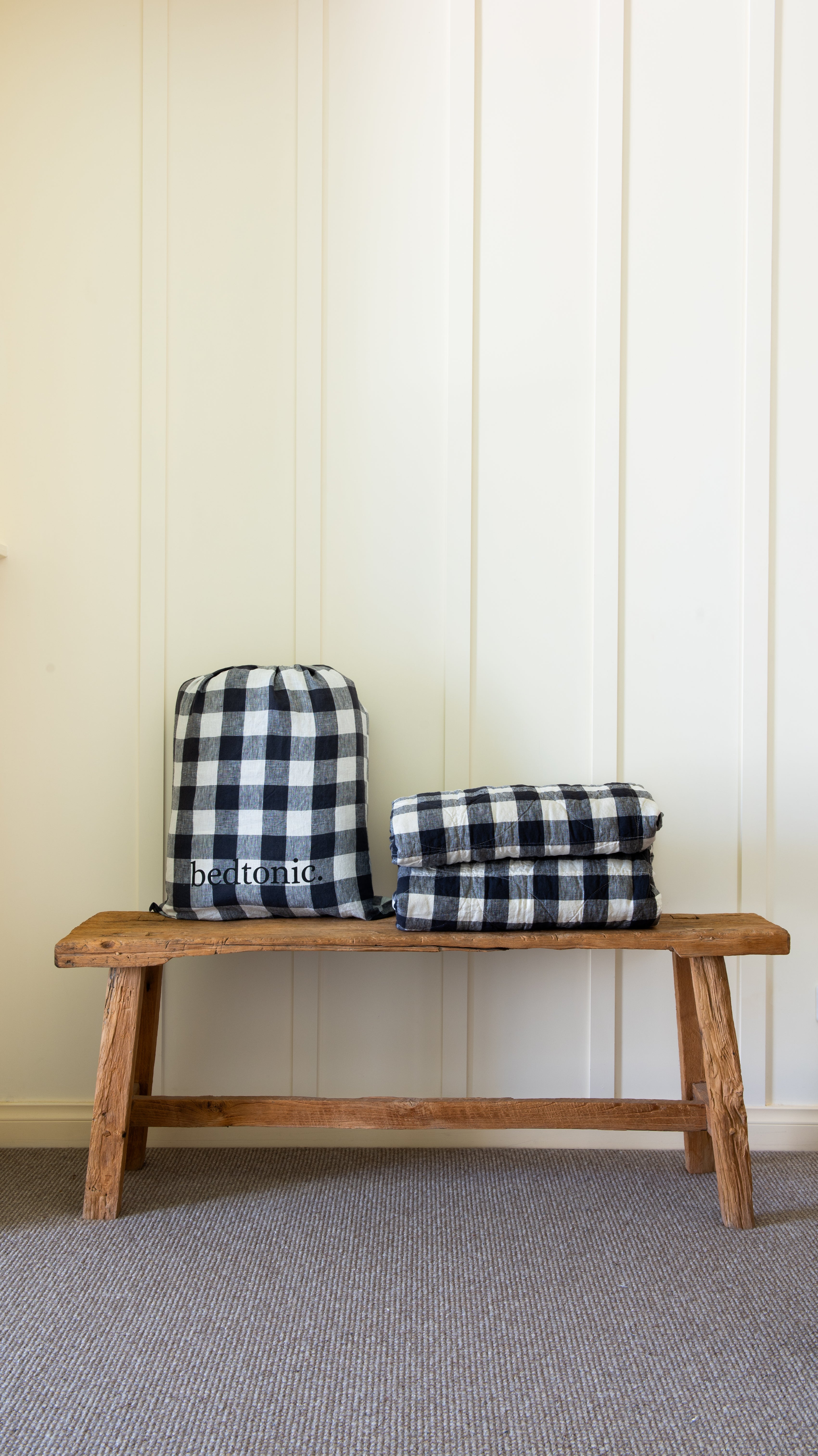 CIRCLE STITCHED FLAX LINEN BLANKET - INDIGO BUFFALO CHECK