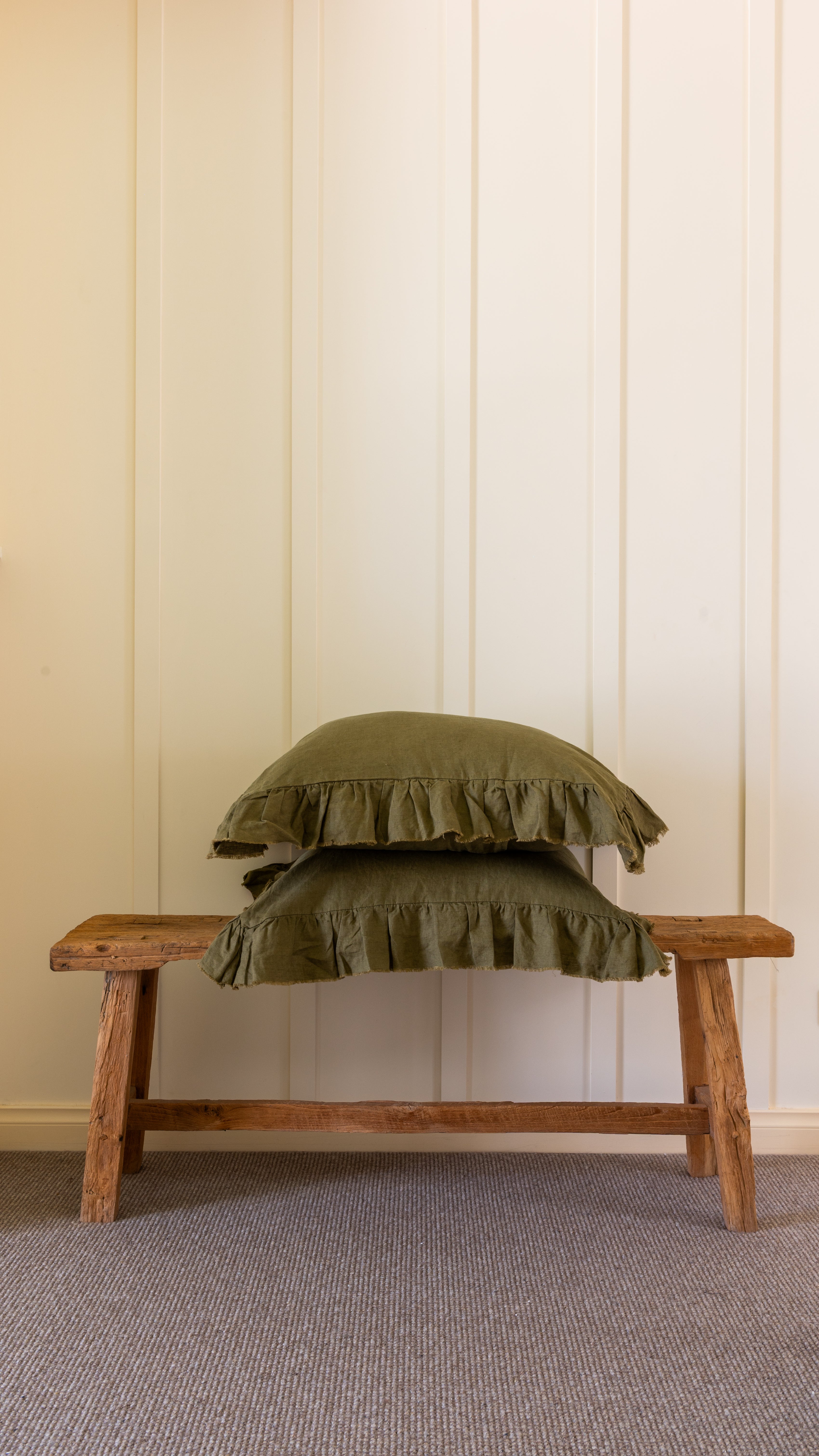 RUFFLED EUROPEAN LINEN PILLOWCASE PAIR - OLIVE