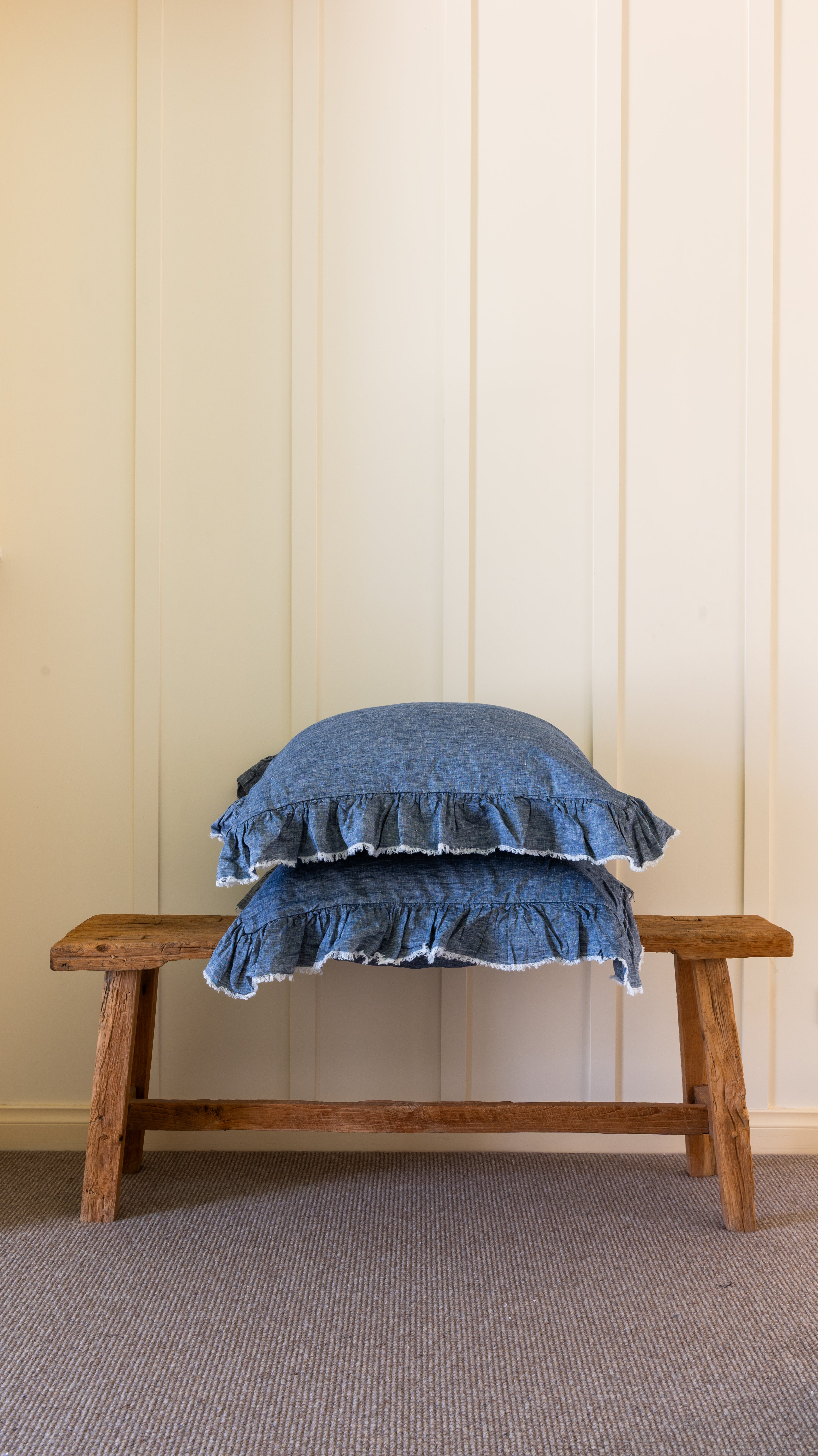 RUFFLED EUROPEAN LINEN PILLOWCASE PAIR - DENIM CHAMBRAY