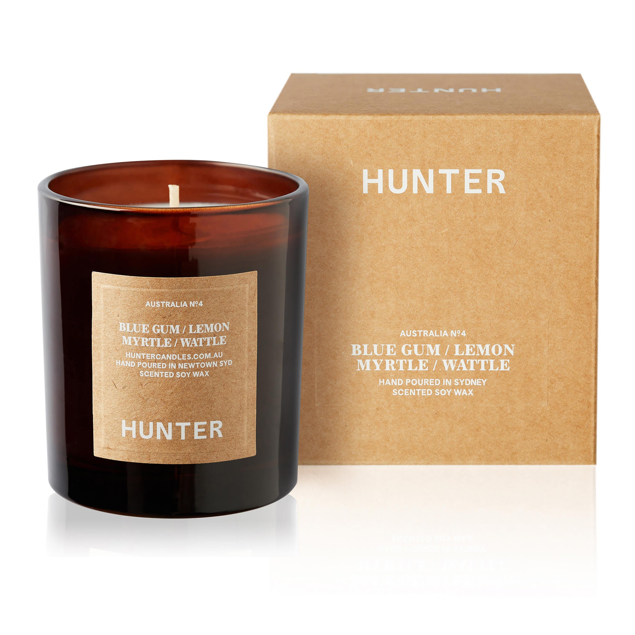 HUNTER CANDLE - BLUE GUM. LEMON MYRTLE. WATTLE