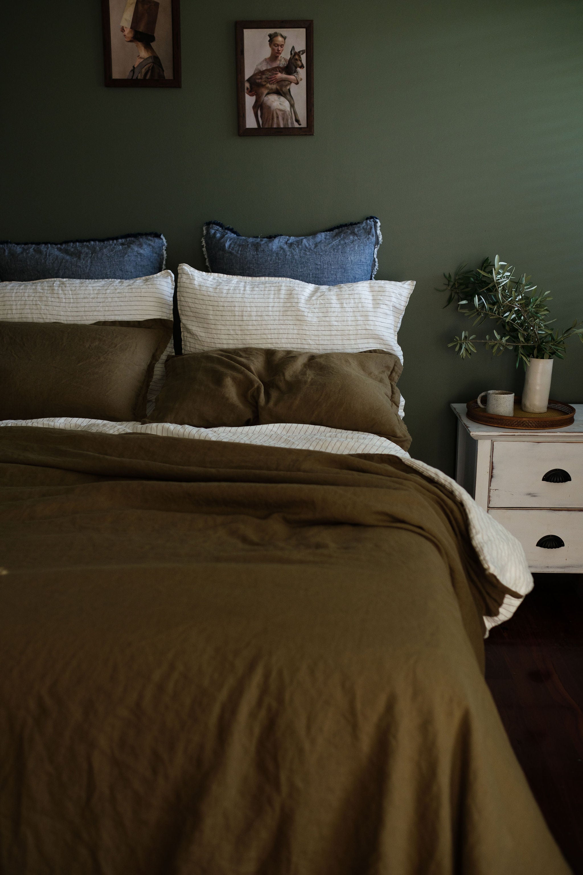 DUVET COVER SET - OLIVE + OLIVE PINSTRIPE REVERSIBLE