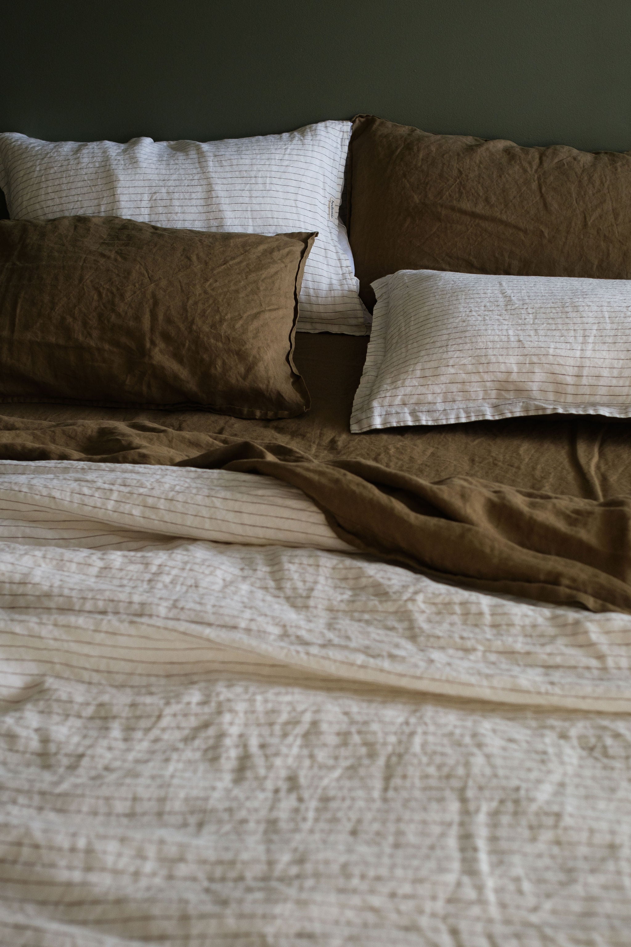 DUVET COVER SET - OLIVE + OLIVE PINSTRIPE REVERSIBLE
