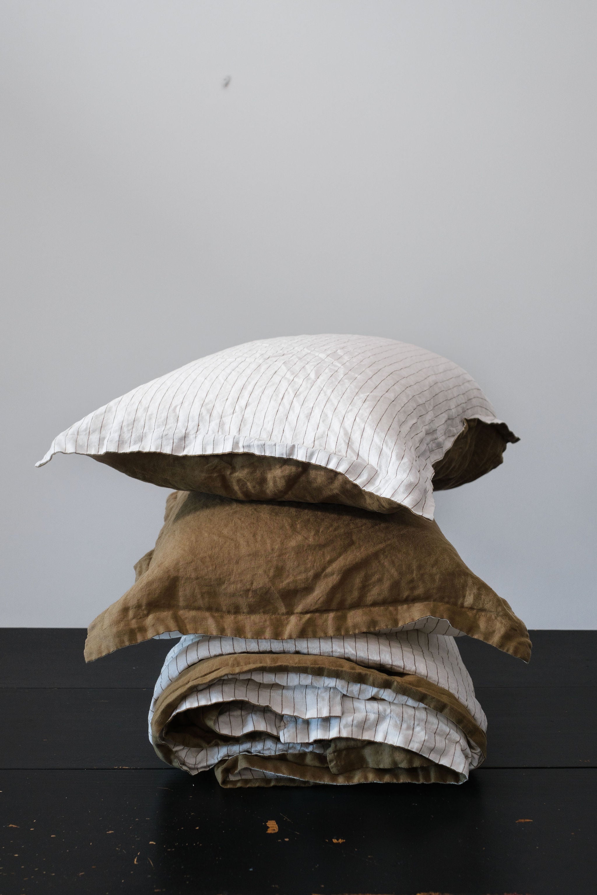 DUVET COVER SET - OLIVE + OLIVE PINSTRIPE REVERSIBLE