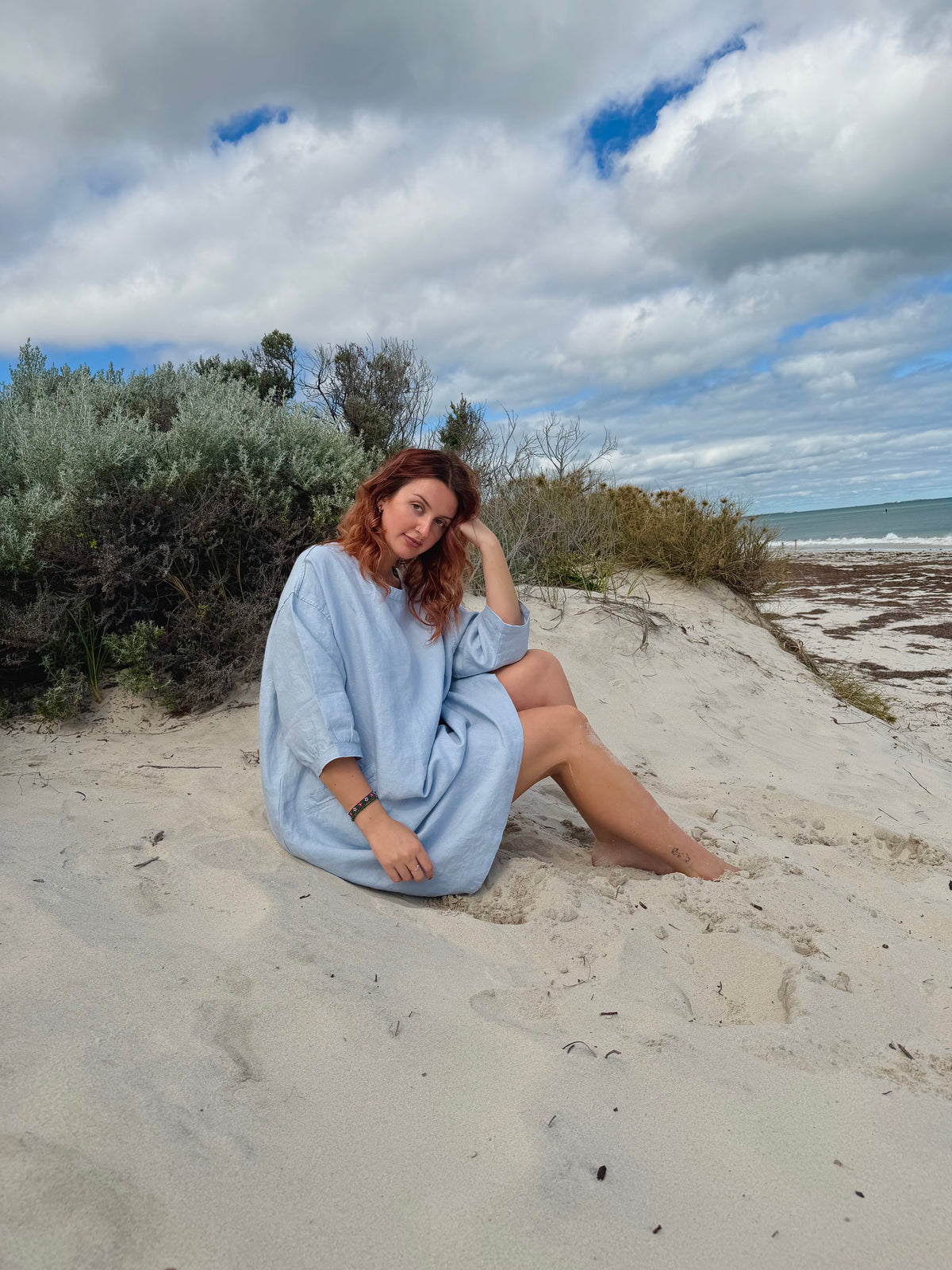 Light blue tee tunic dress with tie belt, casual loose fit and 3/4 sleeves