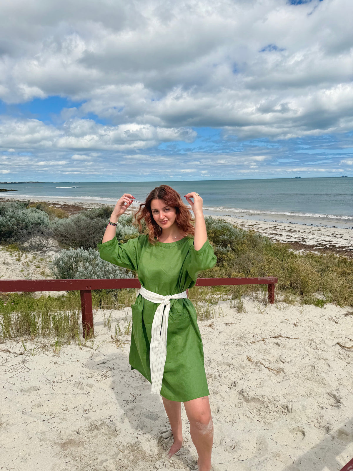 Green tee tunic dress with white waist tie, 3/4 sleeves