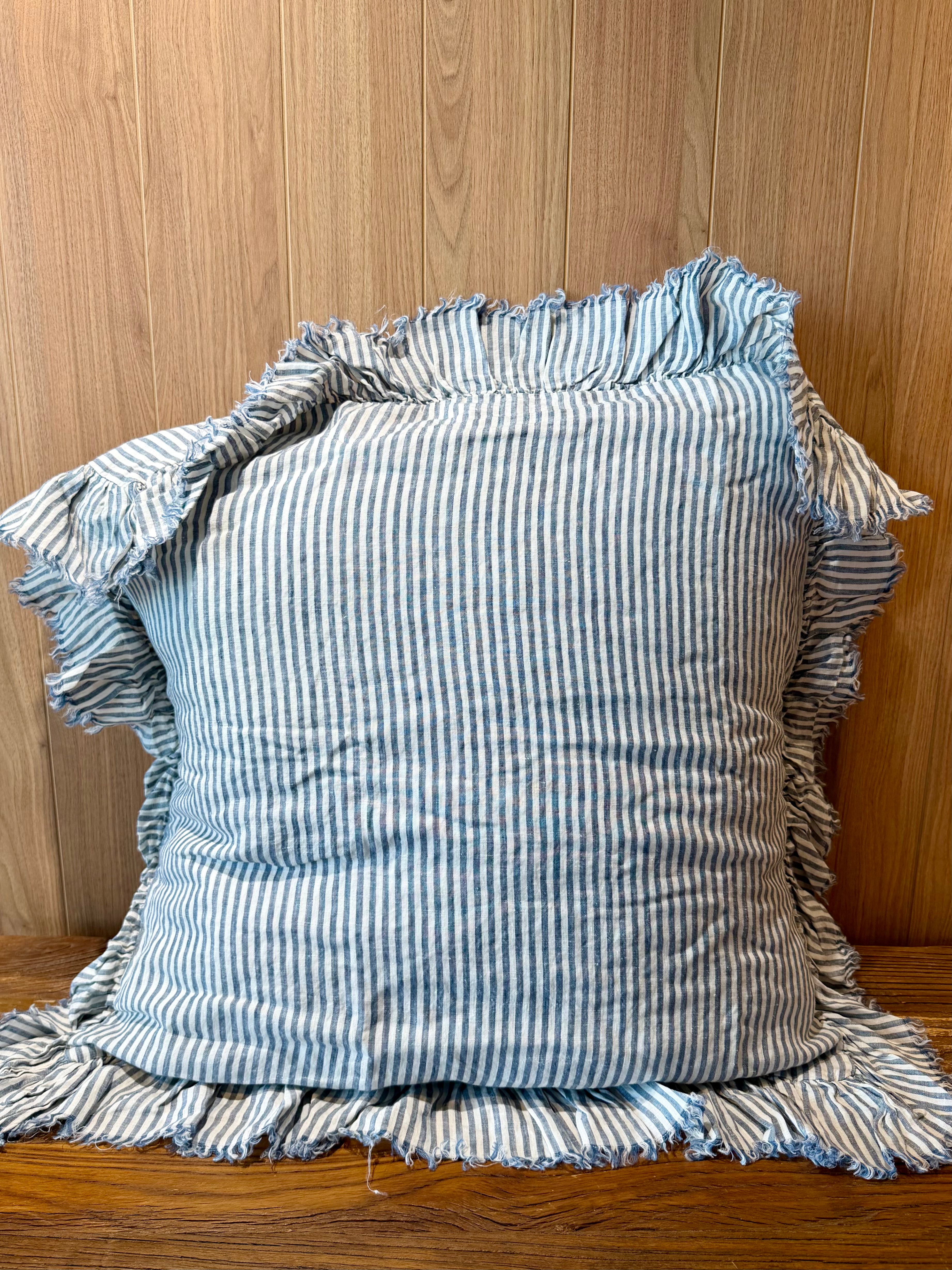 European linen pillowcase pair, blue striped with ruffled edges and gathered back