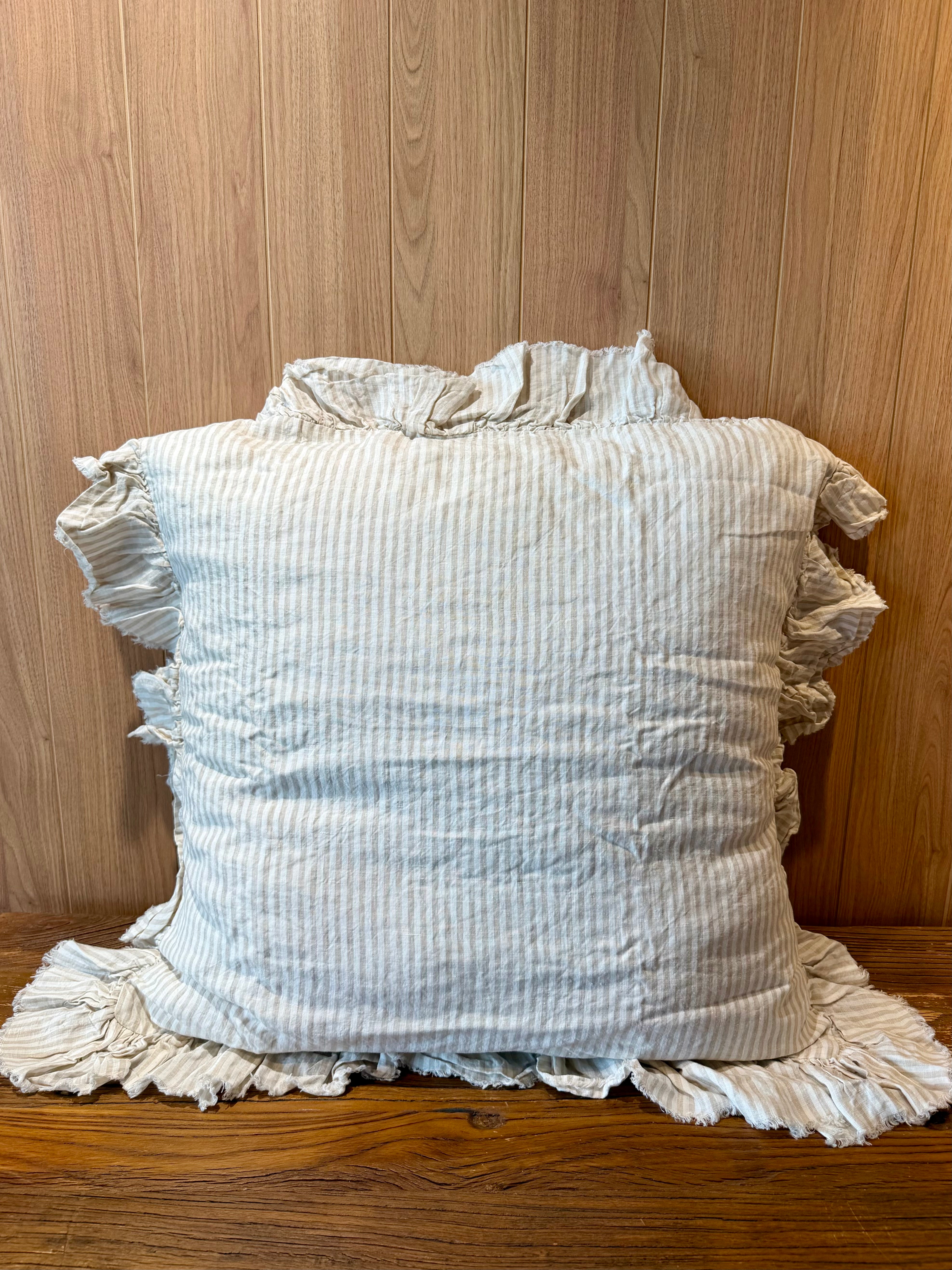 Ruffled linen pillowcase pair with light blue striped texture