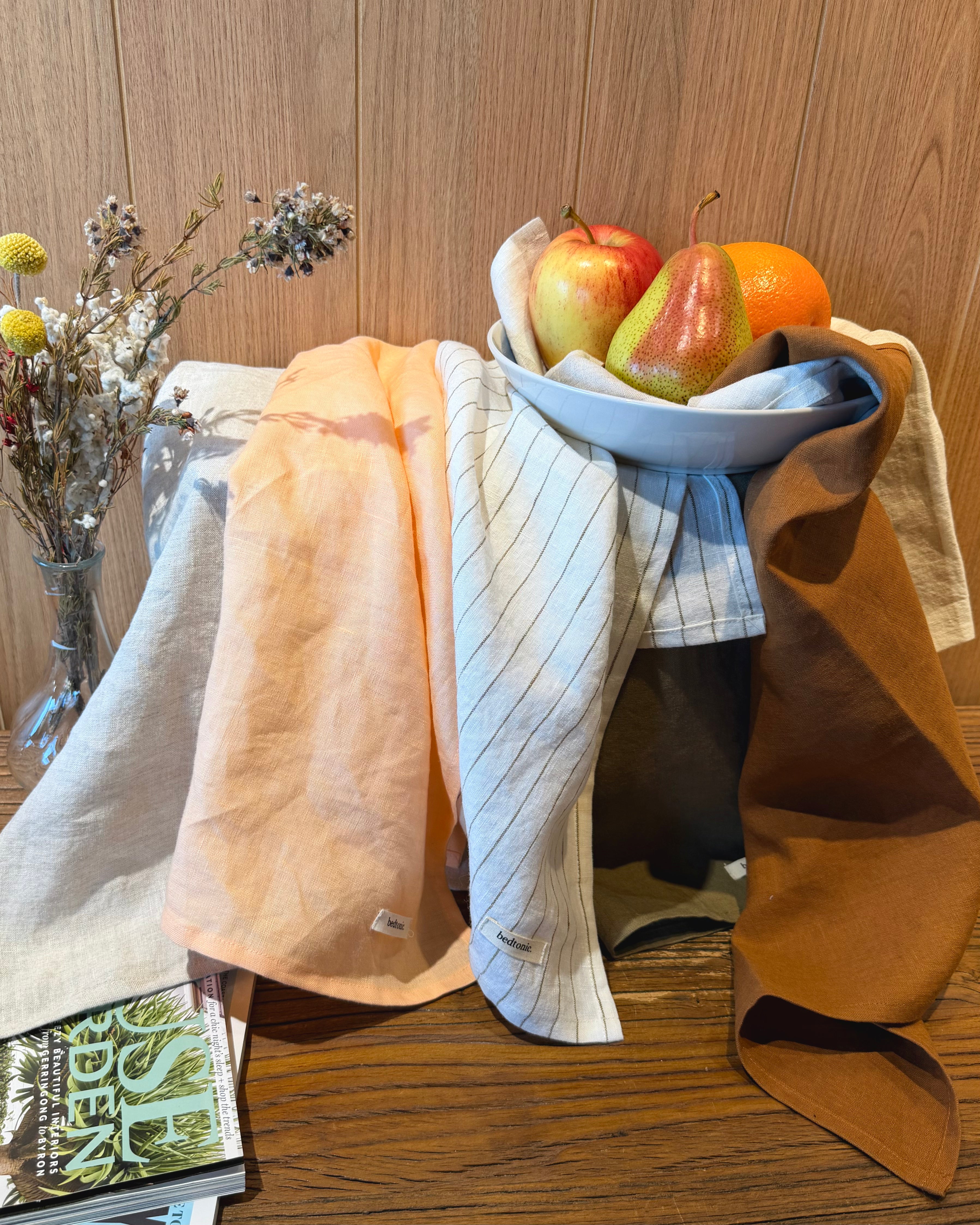 Tea towel set, linen towels with thin stripes in peach, blue, and natural brown