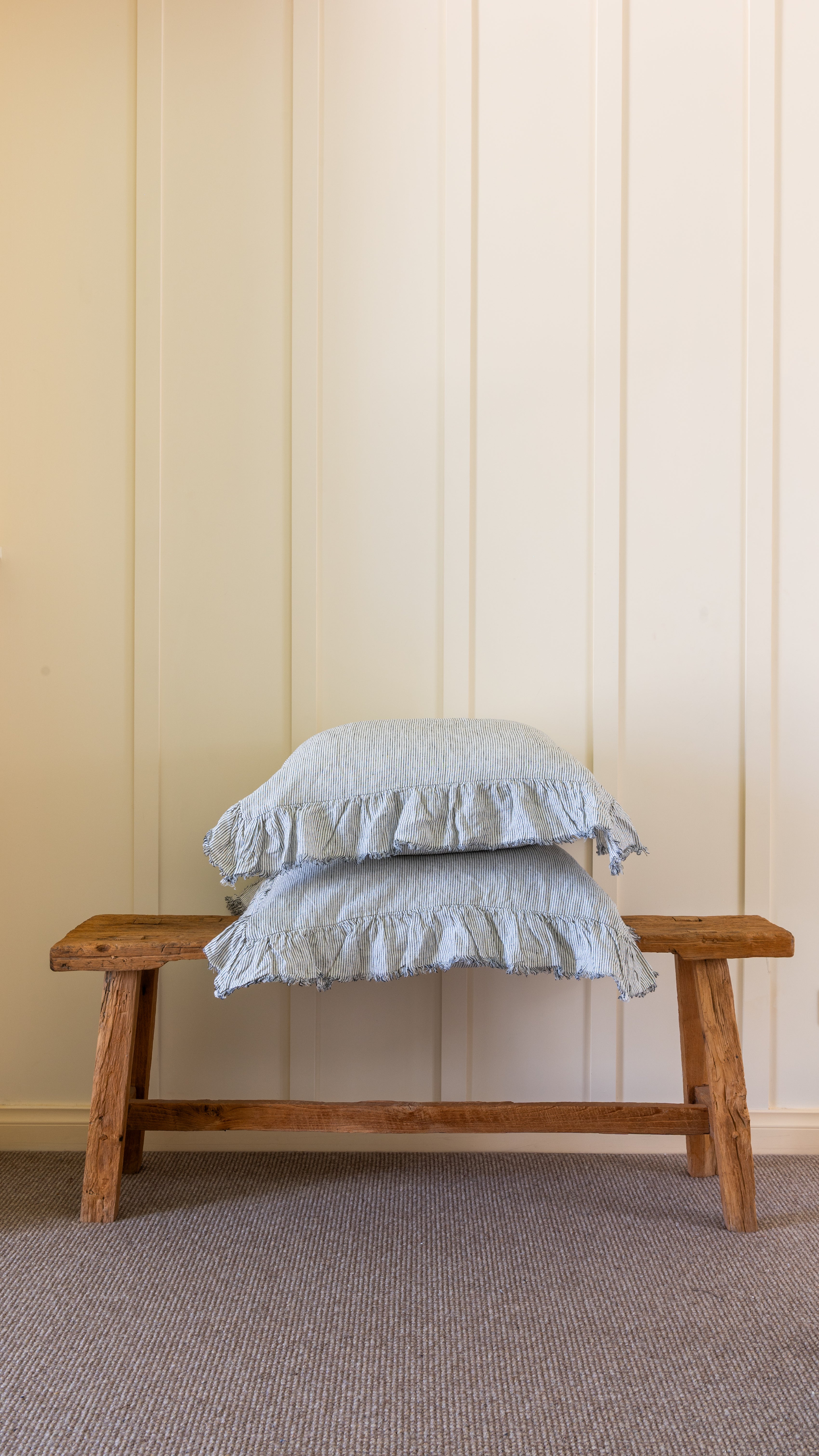 RUFFLED EUROPEAN LINEN PILLOWCASE PAIR - INK PINSTRIPES