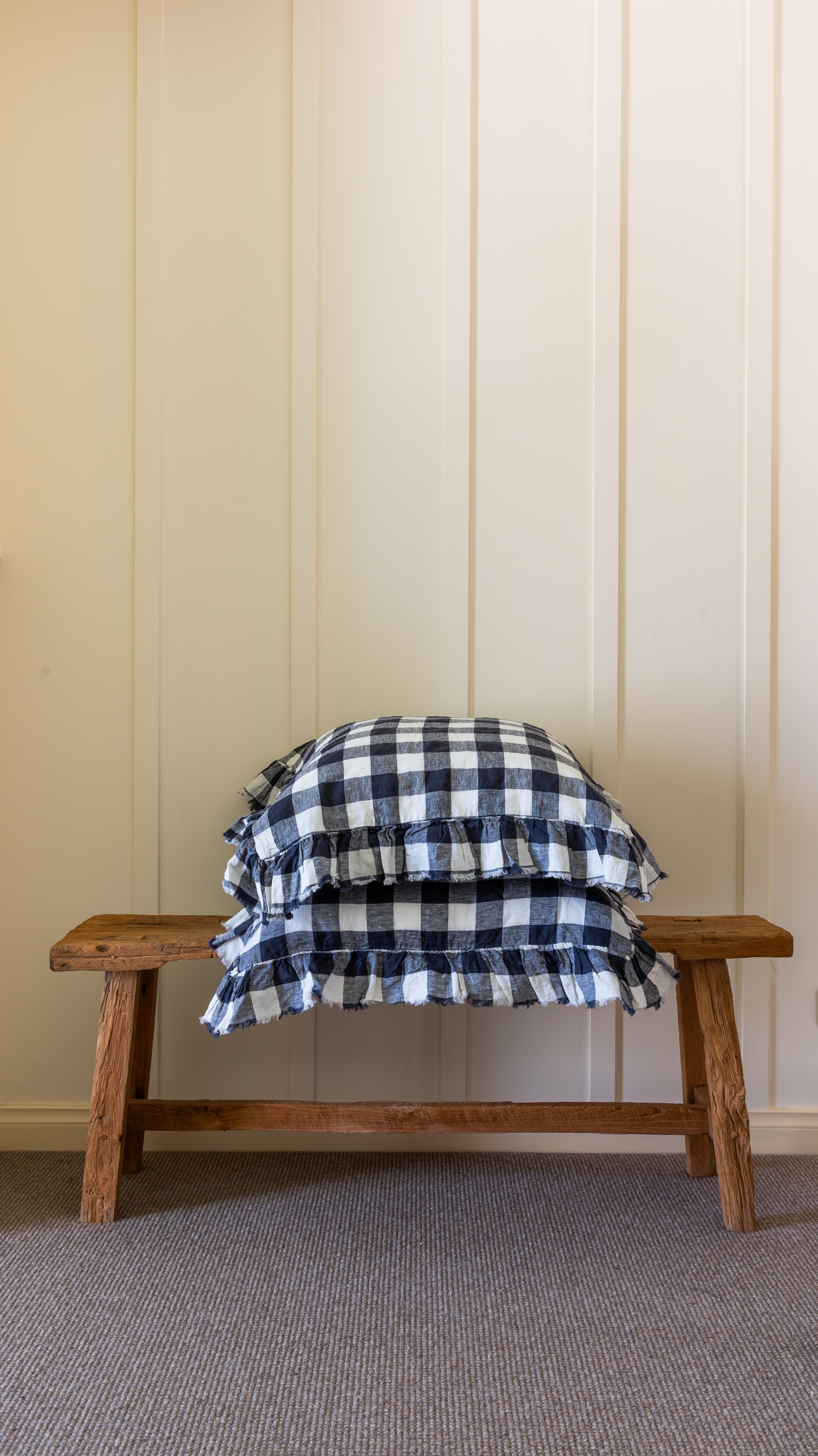 RUFFLED EUROPEAN LINEN PILLOWCASE PAIR - INDIGO BUFFALO CHECK