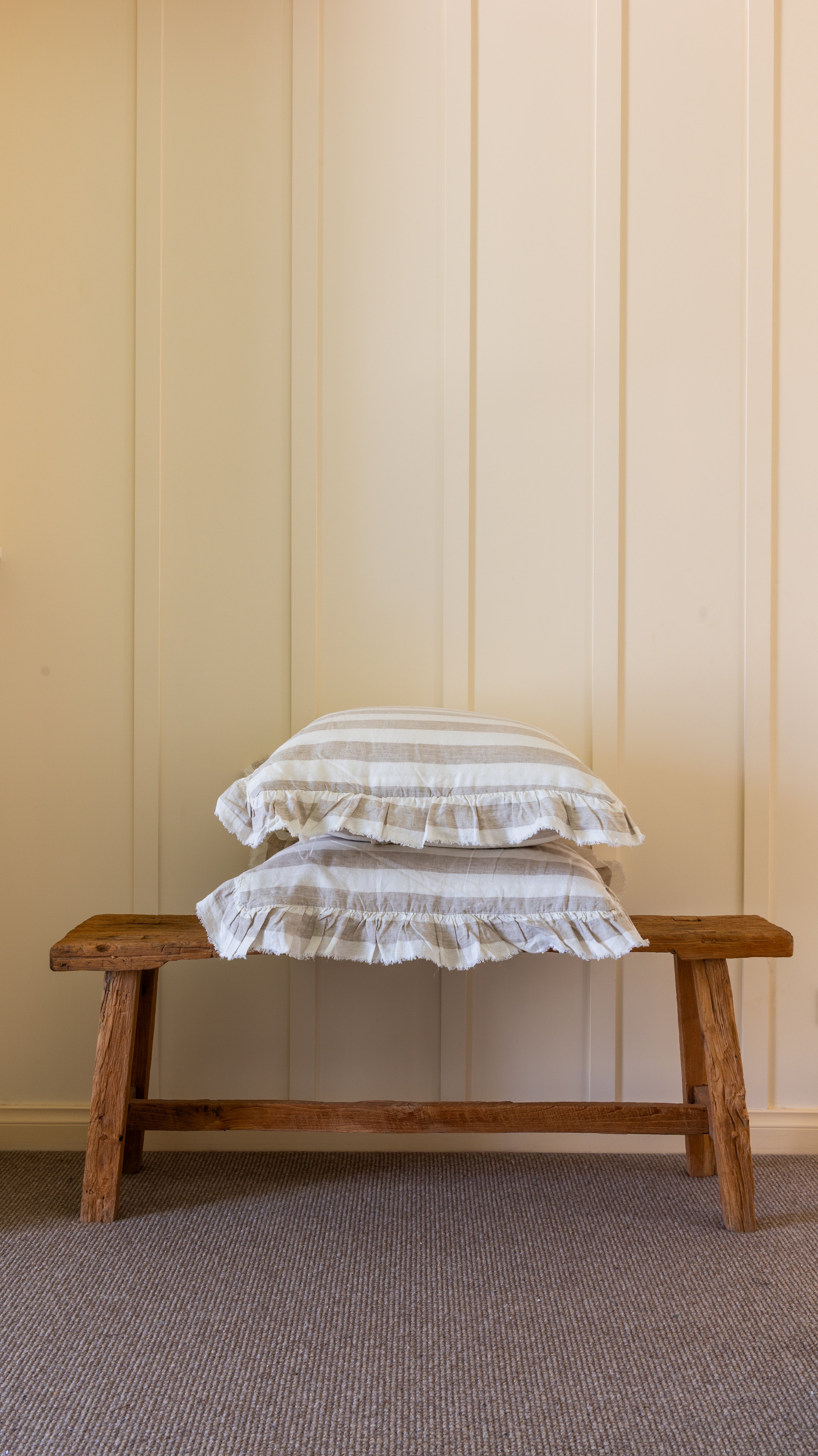 RUFFLED EUROPEAN LINEN PILLOWCASE PAIR - WIDE NATURAL STRIPE