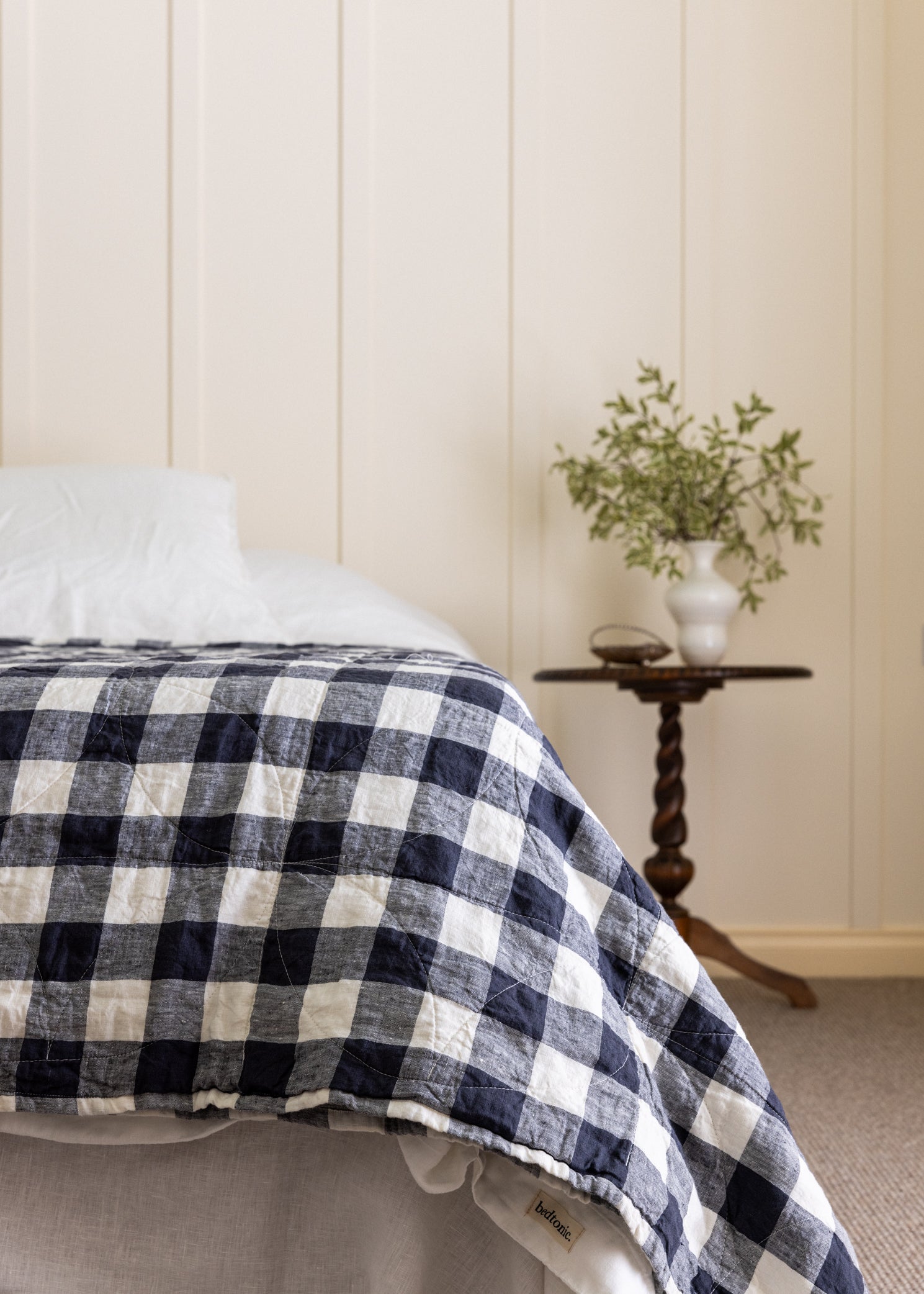 CIRCLE STITCHED FLAX LINEN BLANKET - INDIGO BUFFALO CHECK