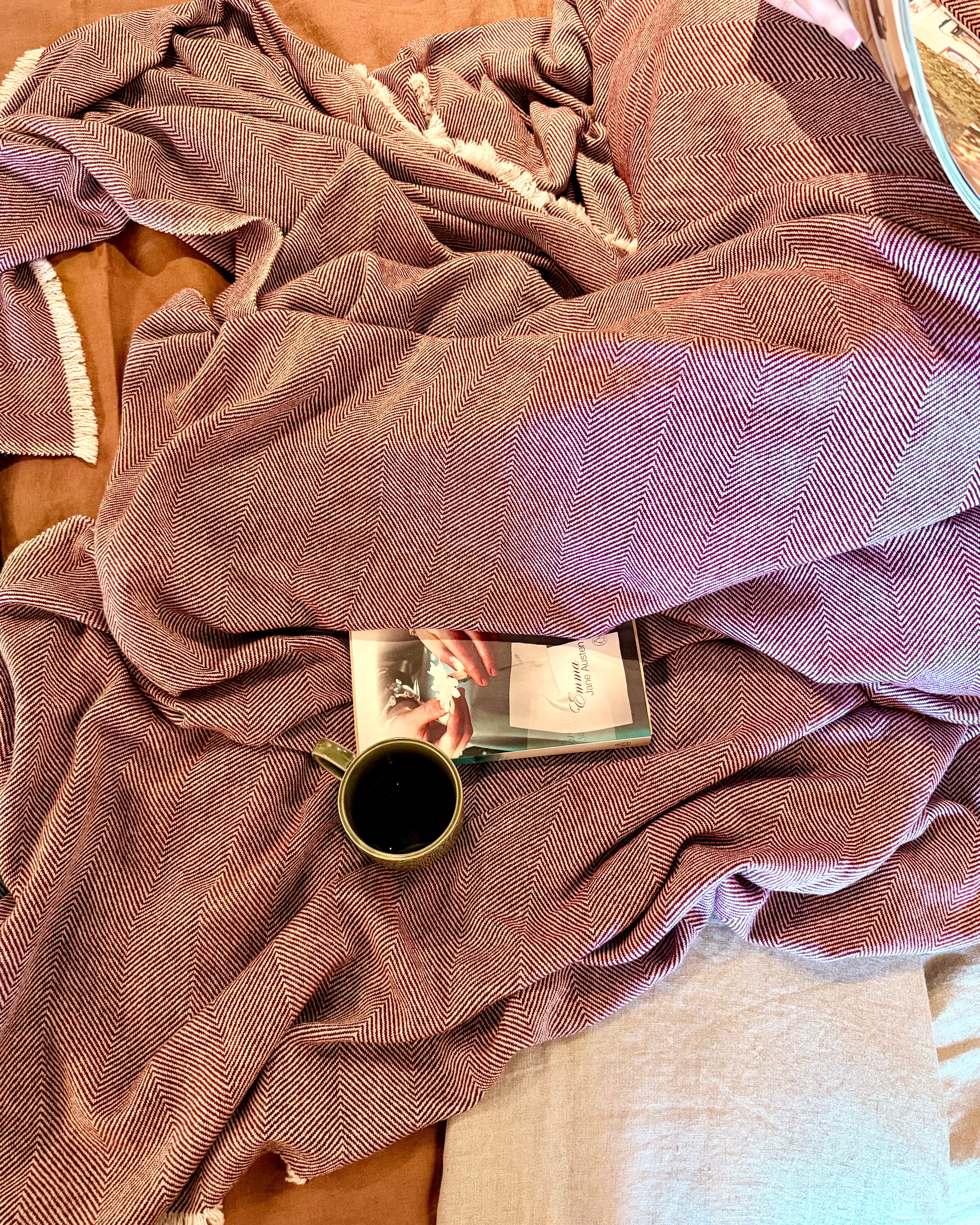 Mauve wool-cashmere throw with chevron weave, fringed edge, folded with small tag