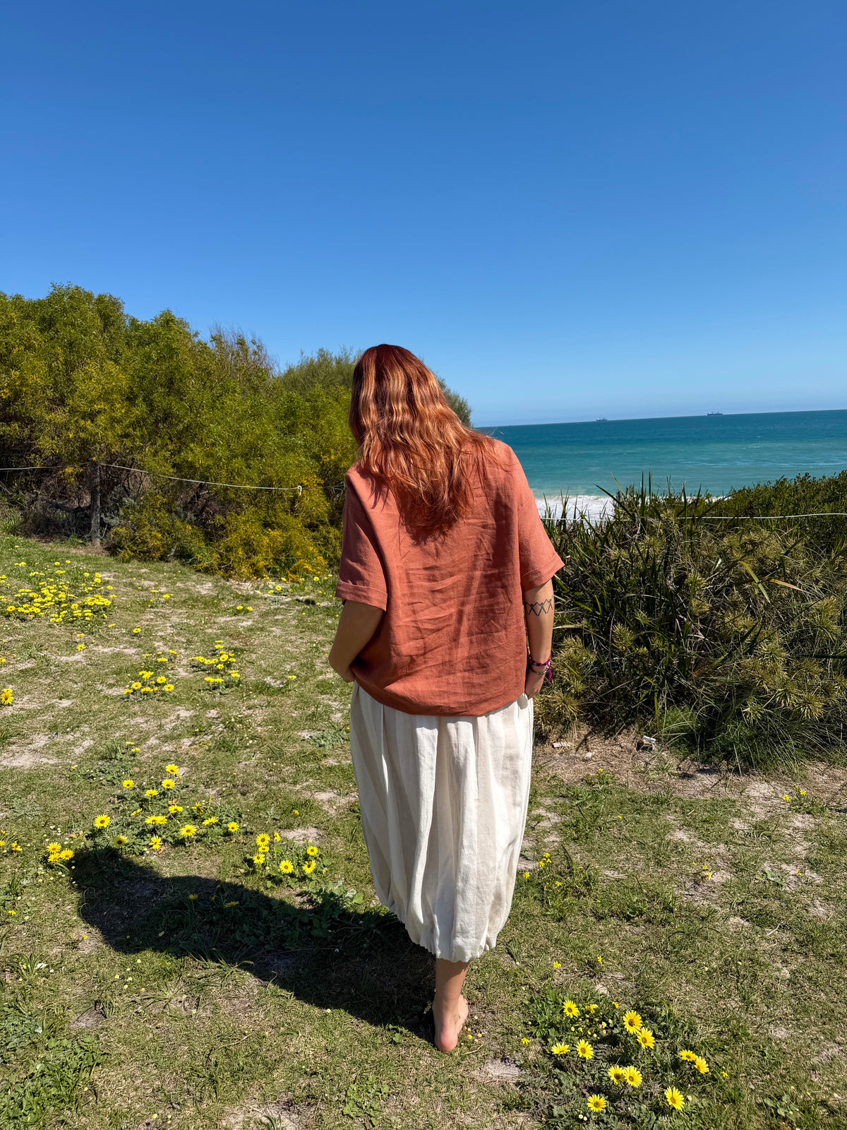Maxi tulip-style skirt, off-white wide natural stripes, gathered tulip hem