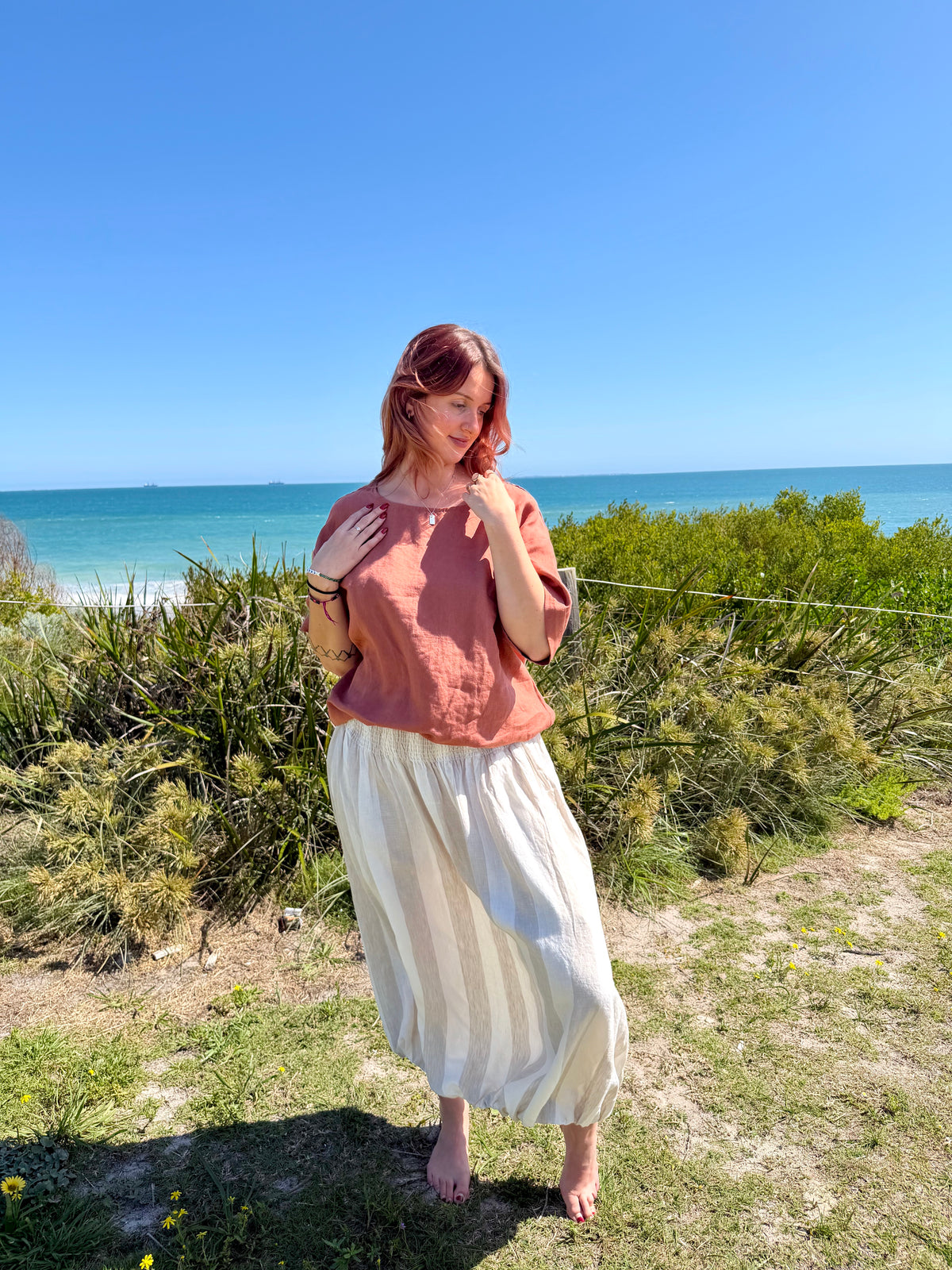 Maxi tulip-style skirt, off-white with wide vertical natural stripes, ankle length