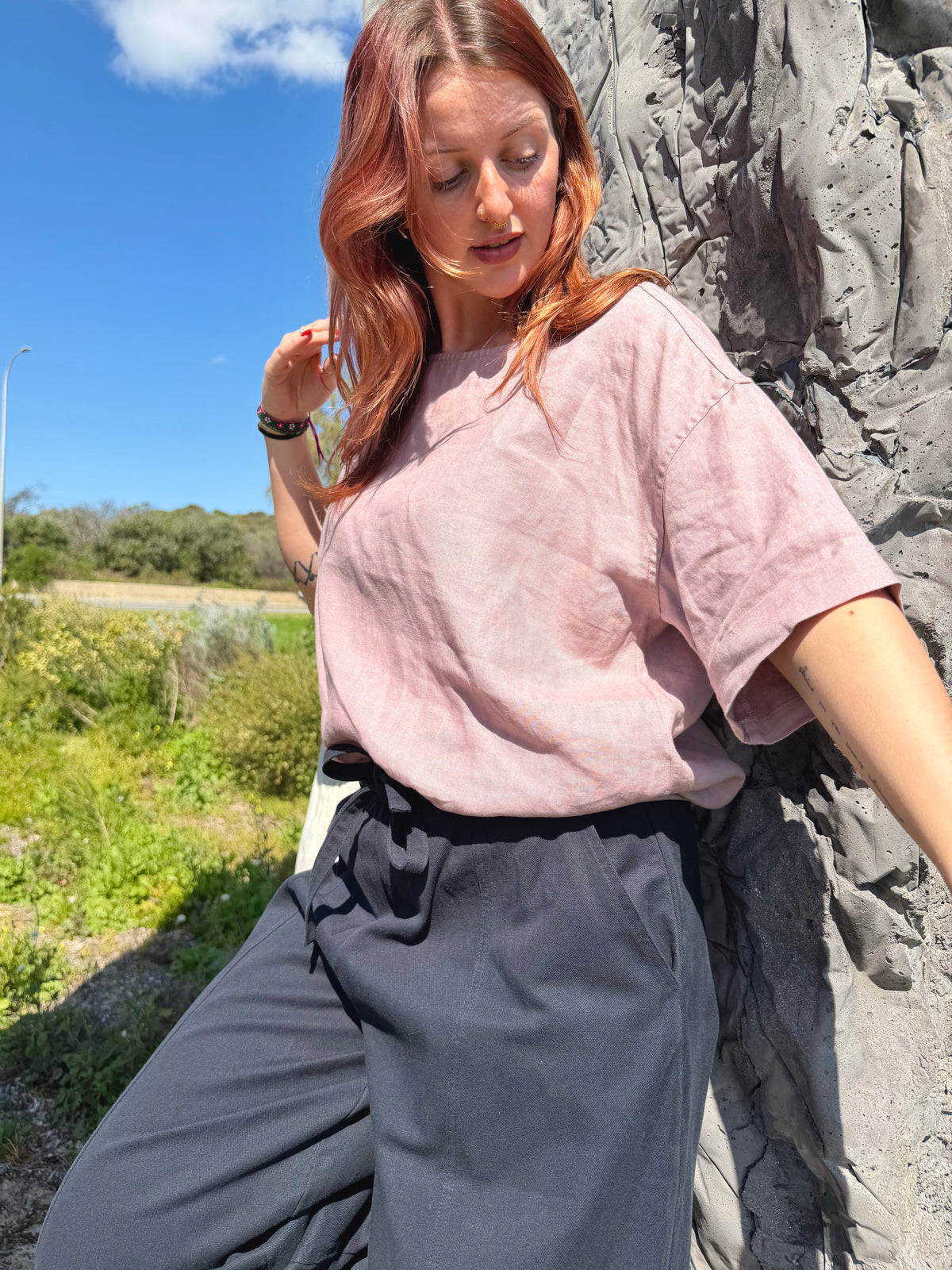 Dusky rose boxy tee with crew neck and short sleeves, loose fit