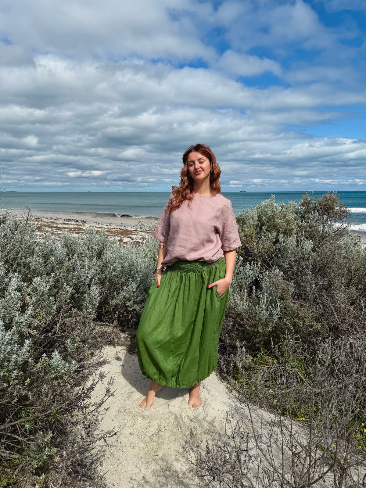 Green tulip maxi skirt with full gathered skirt and elastic waistband