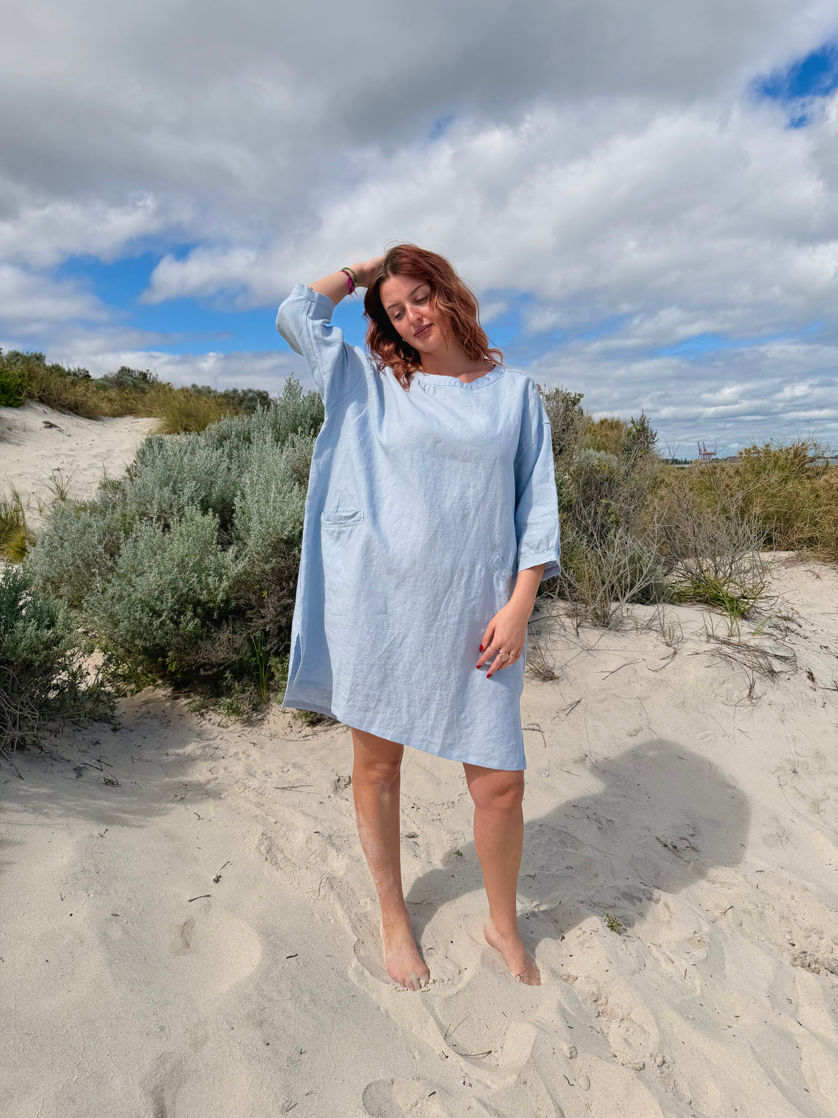 Light blue tee tunic dress with 3/4 sleeves, loose fit