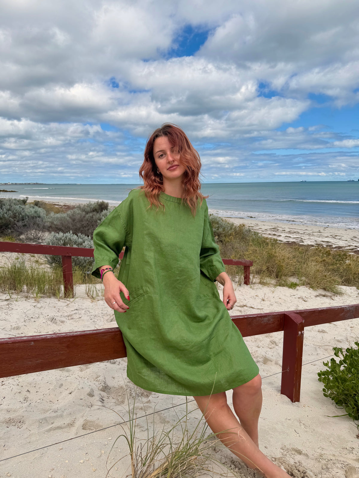 Green tee tunic dress with 3/4 sleeves, loose A-line