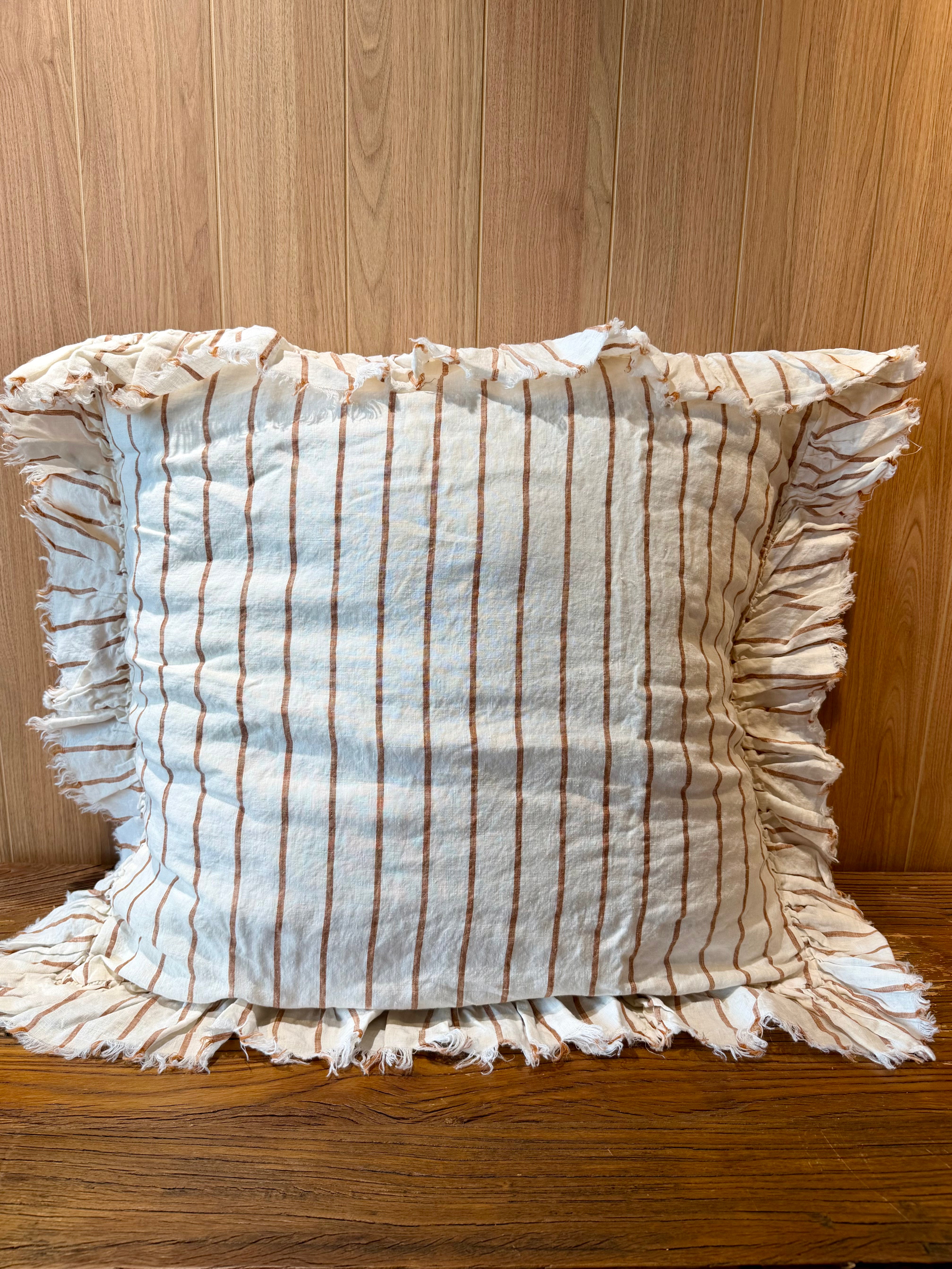 Ruffled European linen pillowcase pair with ginger vertical stripes