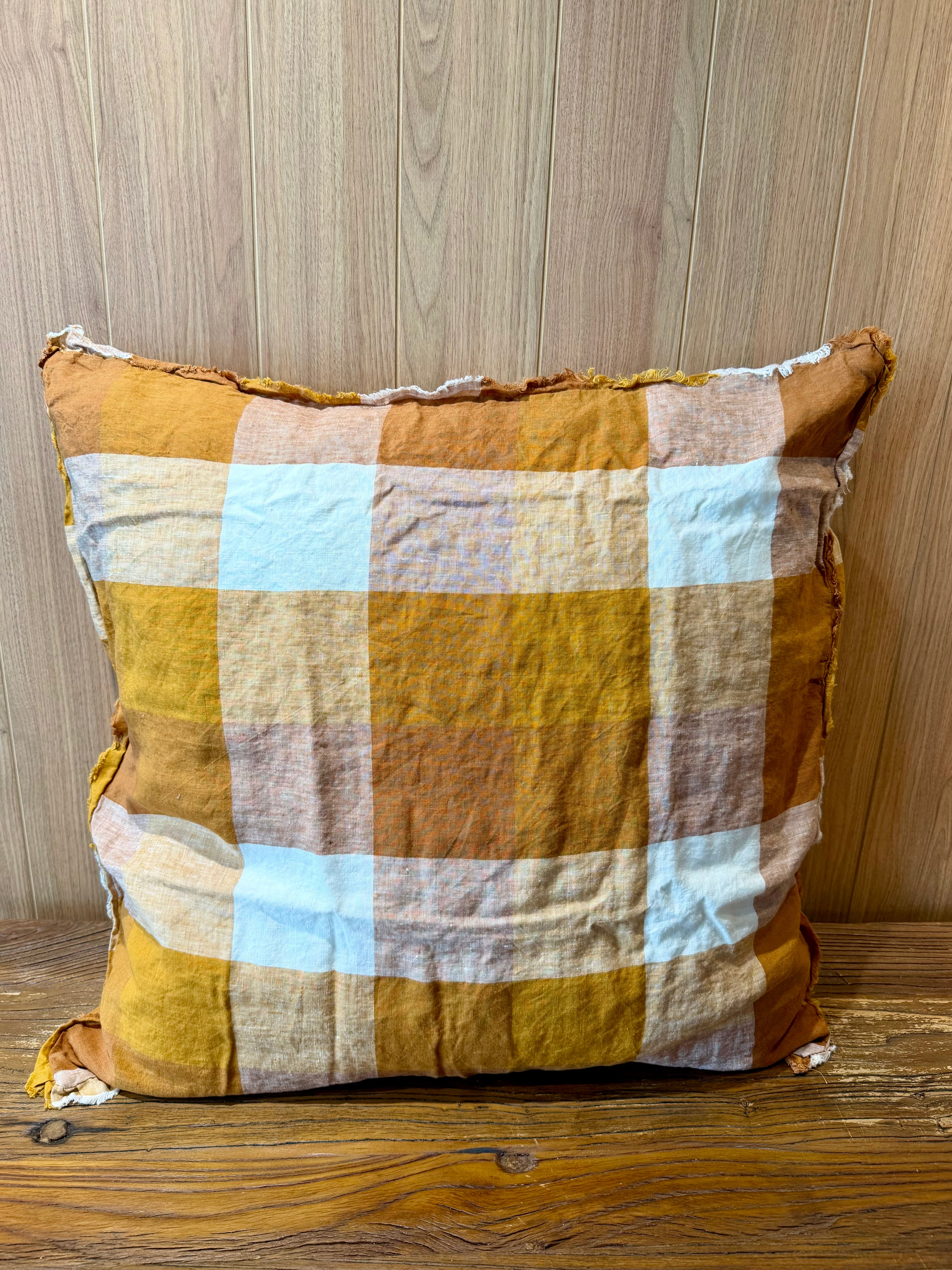 Linen pillowcase pair in terracotta and light blue checks with fringed border