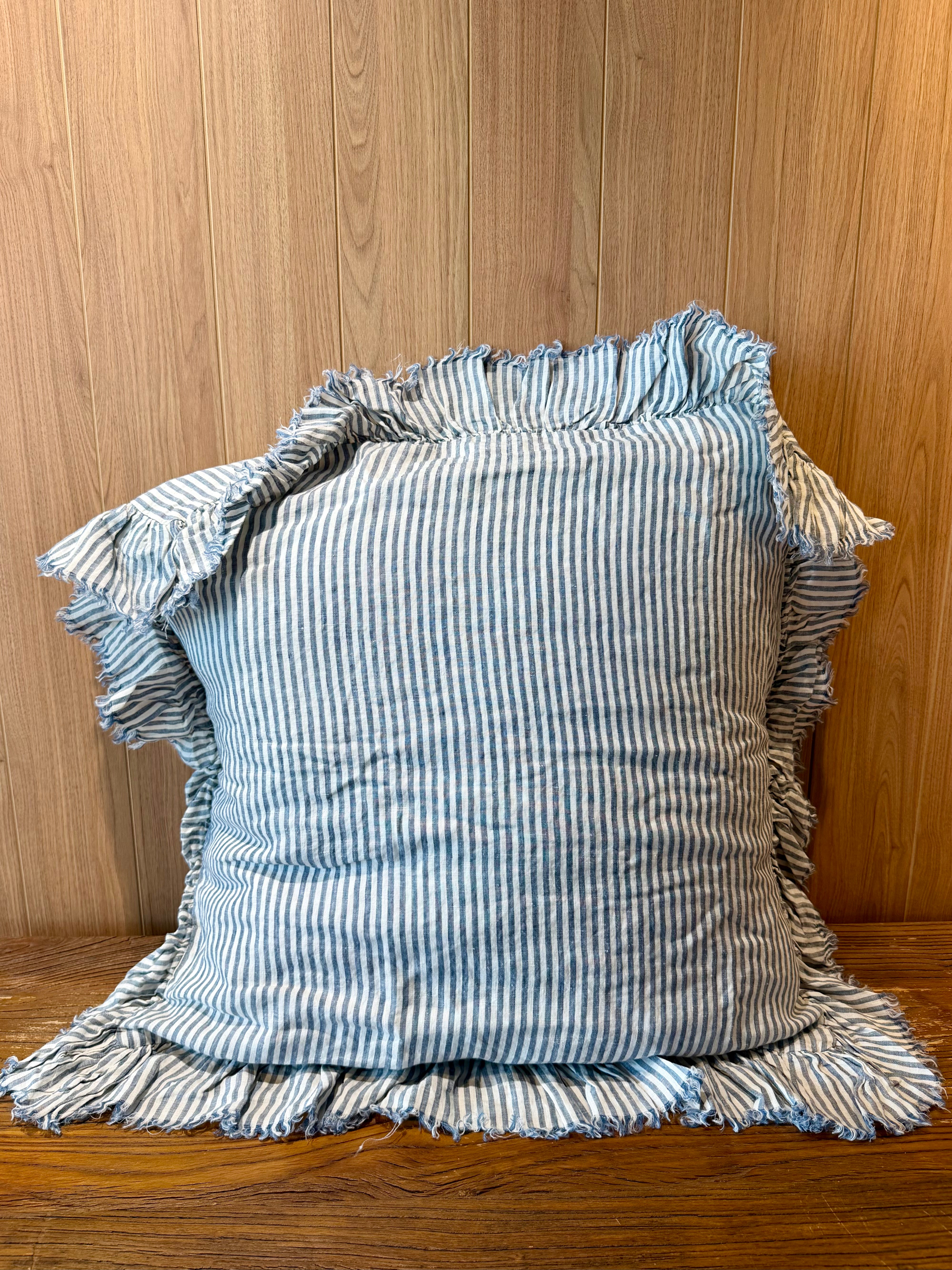 European linen pillowcase pair, blue striped with fringe ruffles around the border
