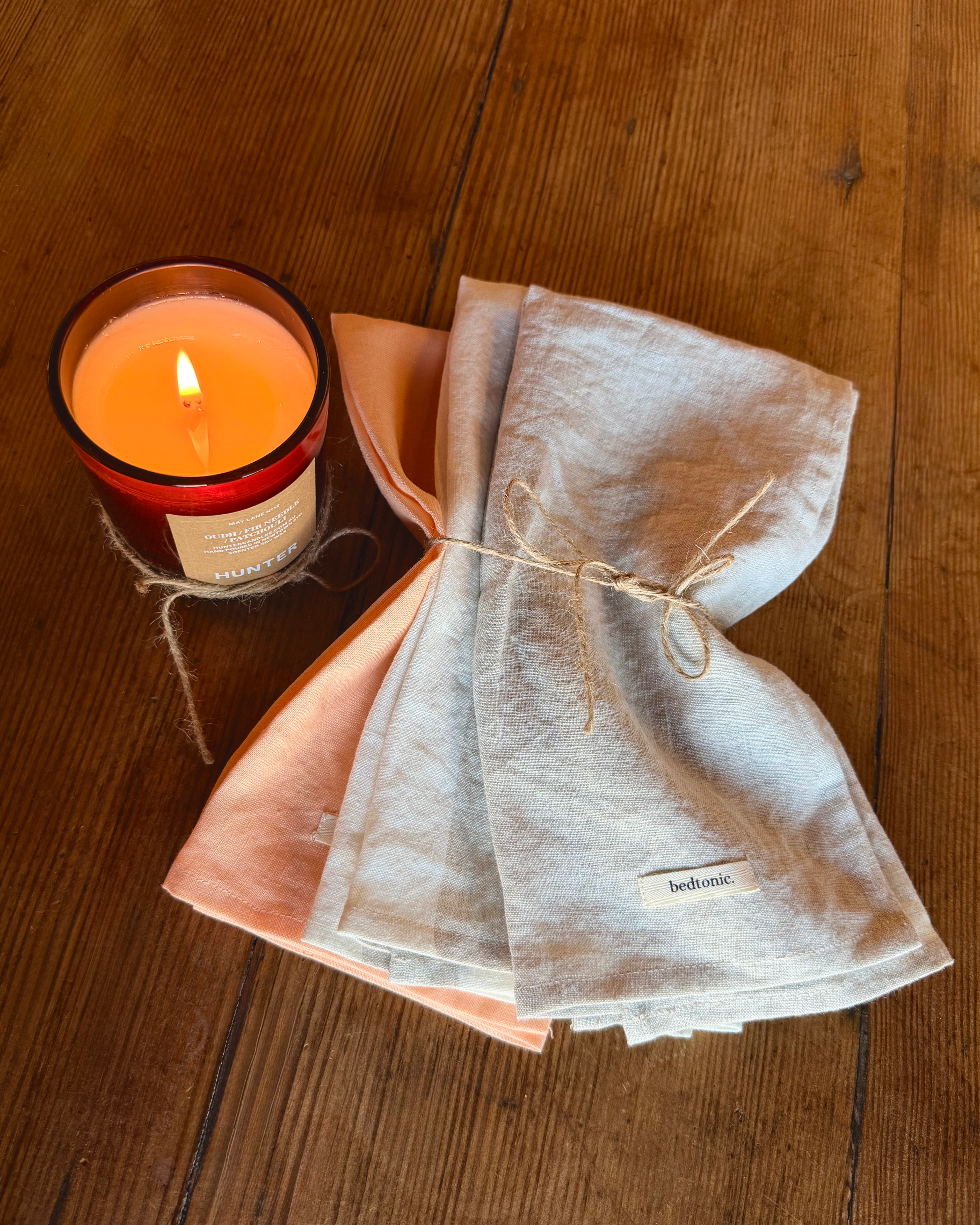 Tea towel set, linen towels in pale blue and peach with thin stripe bands