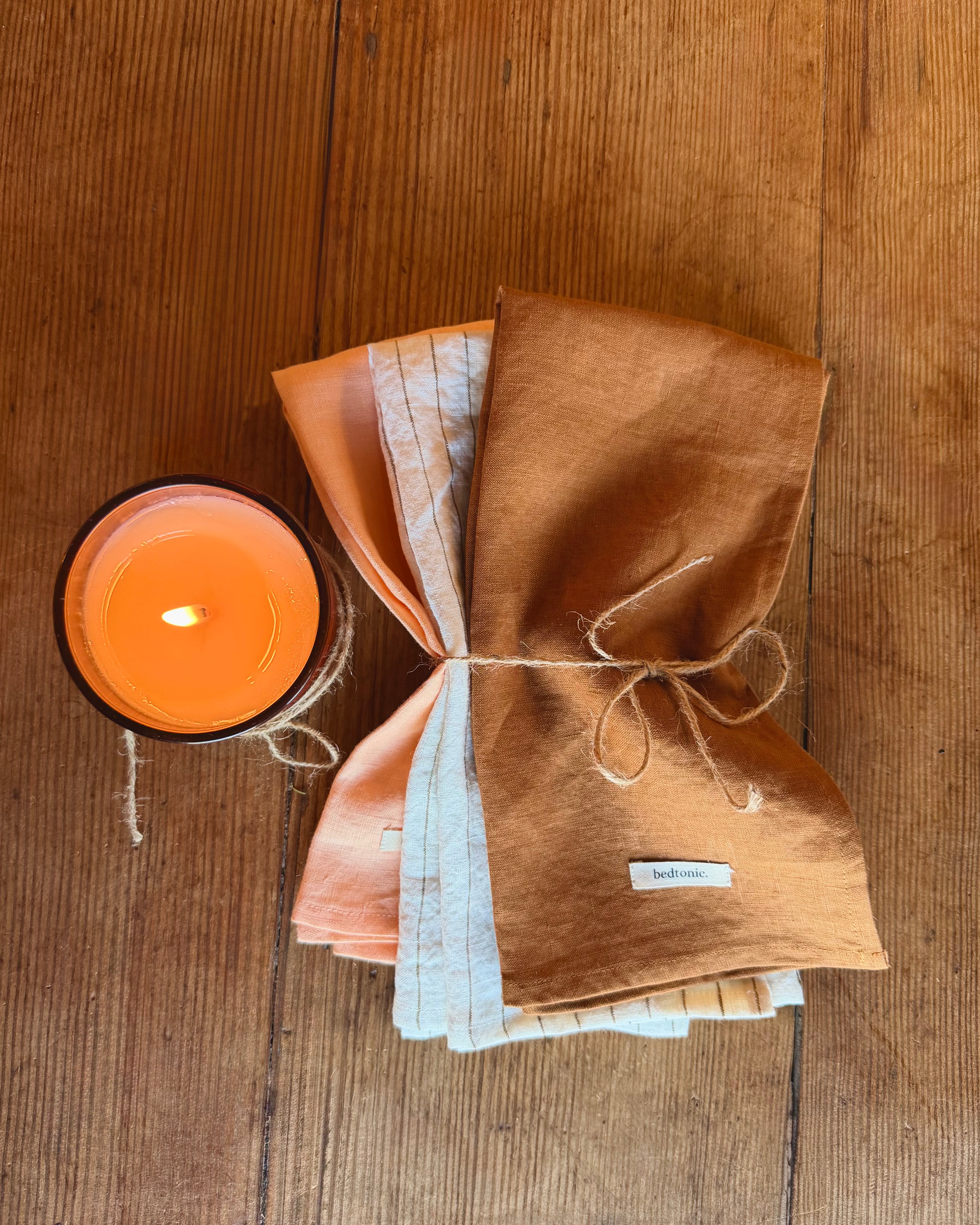 Tea towel set, linen towels in peach, light blue, and warm taupe-brown