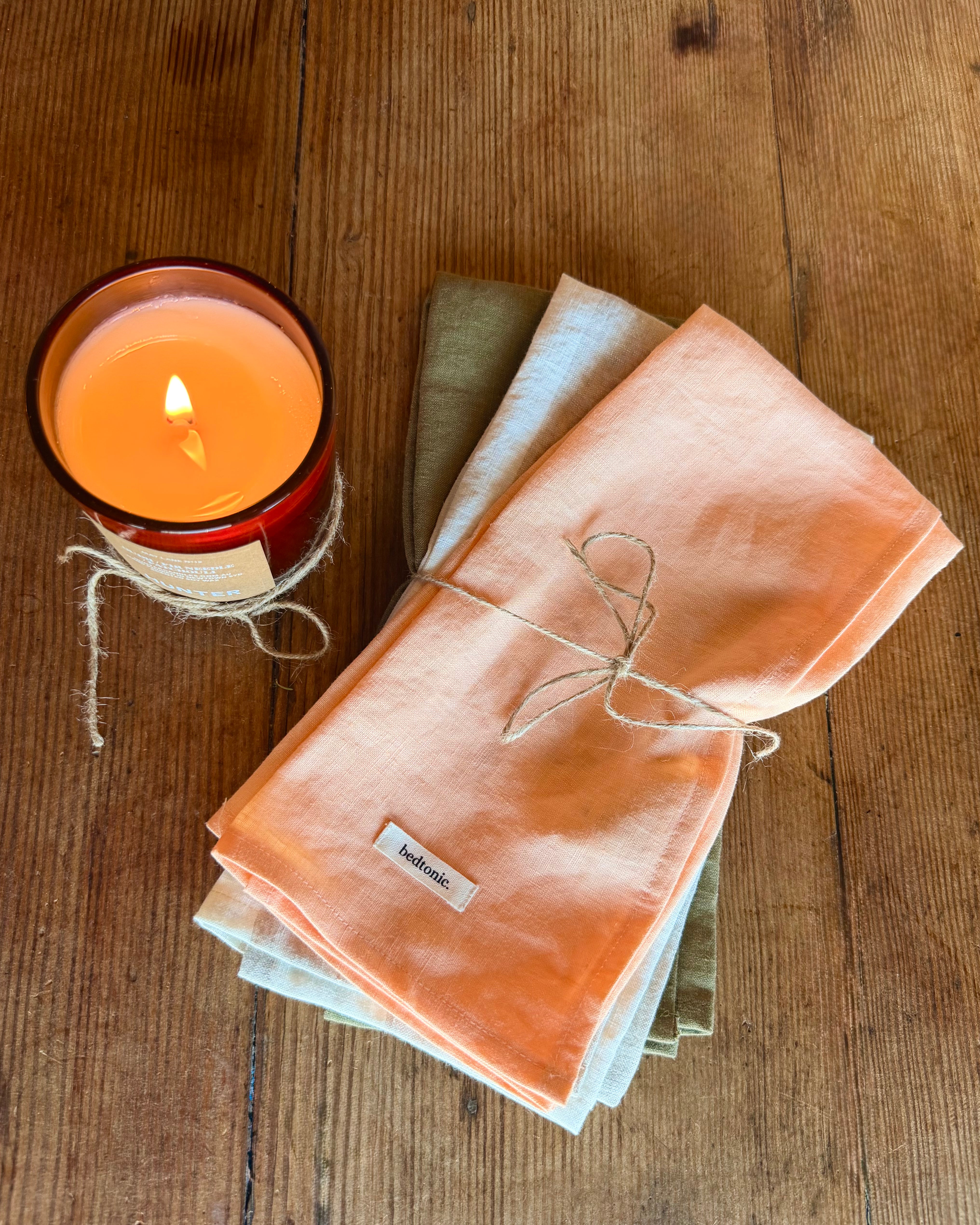 Tea towel set, linen towels in peach, sage green, and pale blue stripes