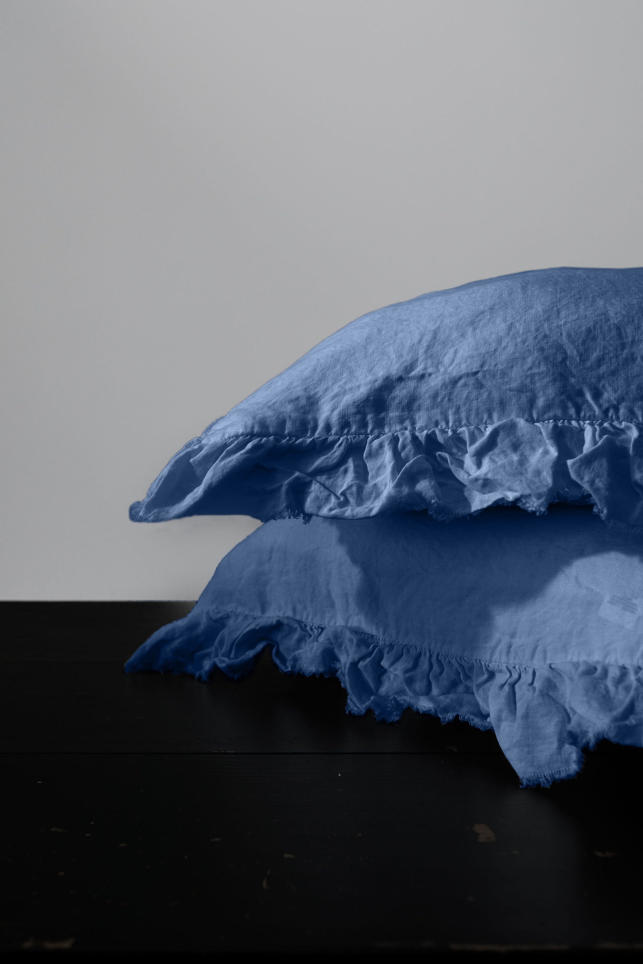 RUFFLED EUROPEAN LINEN PILLOWCASE PAIR - DENIM BLUE