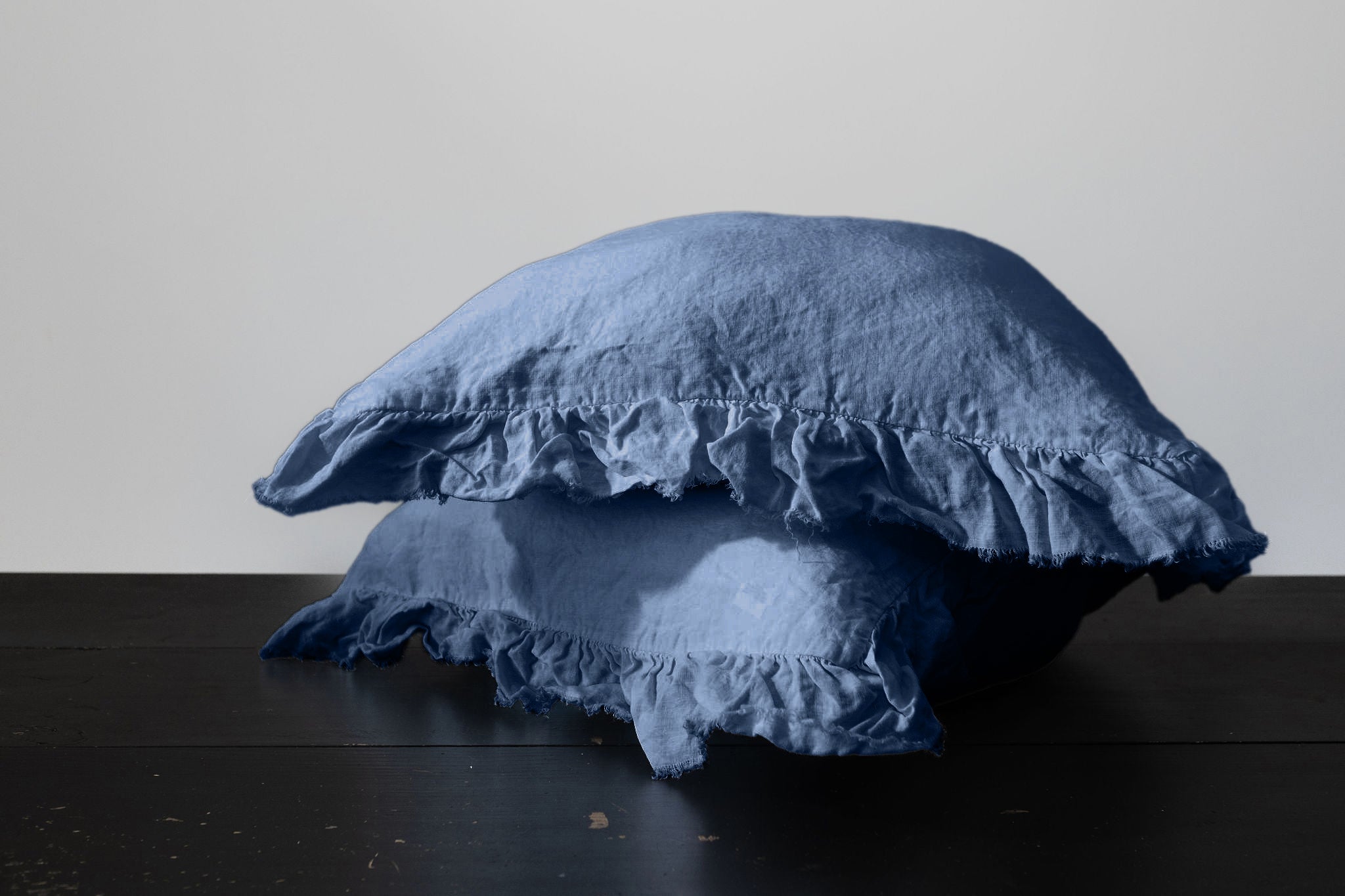 RUFFLED EUROPEAN LINEN PILLOWCASE PAIR - DENIM BLUE