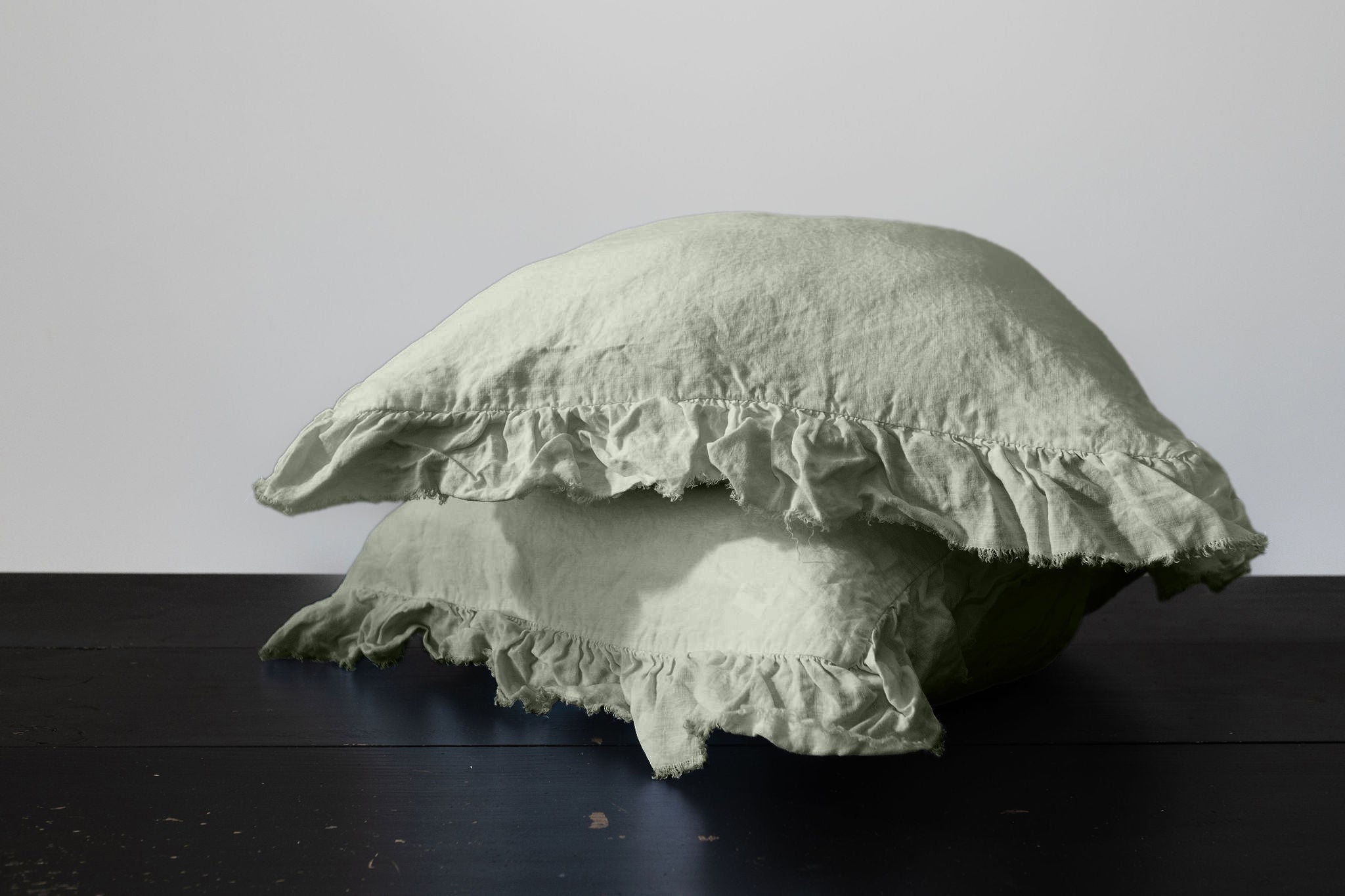 RUFFLED EUROPEAN LINEN PILLOWCASE PAIR - SAGE